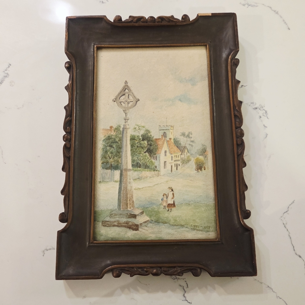 RARE Victorian Watercolor Art Frame Village Wood Cross Ecking Worcestershire HTF